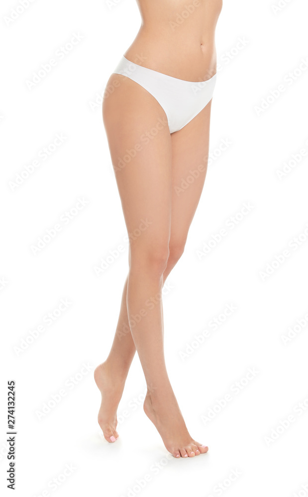 Slim young woman with smooth gentle skin on white background. Beauty and body care concept