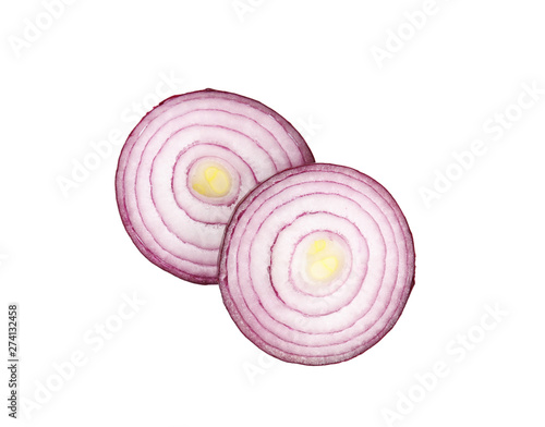Fresh slices of red onion on white background, top view