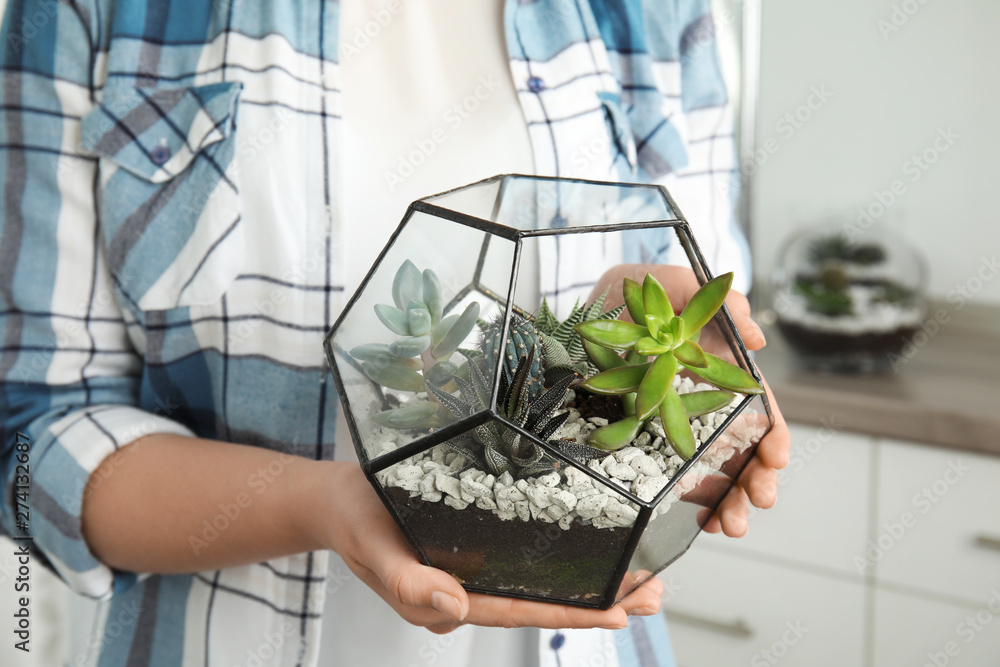 Young woman holding florarium with different succulents indoors, closeup