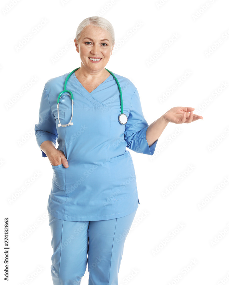 Portrait of female doctor in scrubs isolated on white. Medical staff Portrait of female doctor in scrubs isolated on white. Medical staff