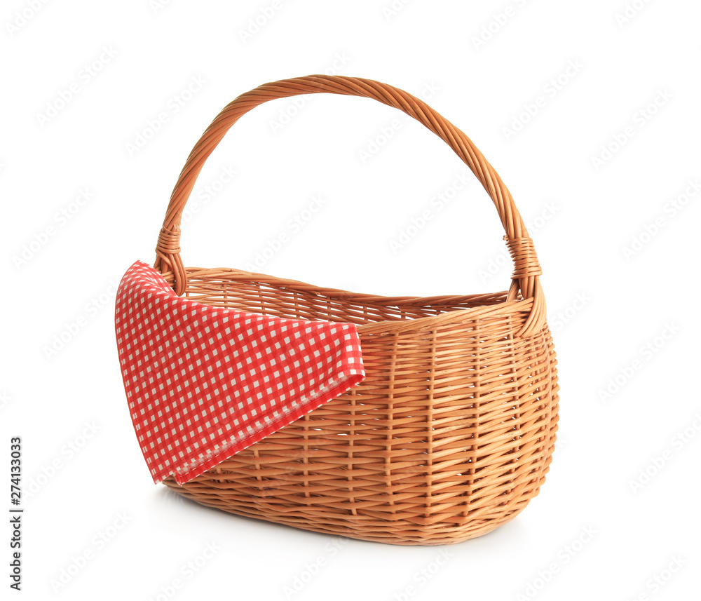 Empty picnic basket with checkered cloth isolated on white Empty picnic basket with checkered cloth isolated on white