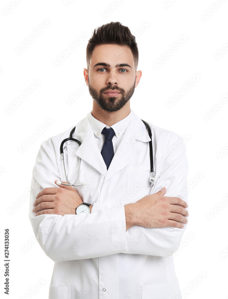 Young male doctor in uniform isolated on white Young male doctor in uniform isolated on white