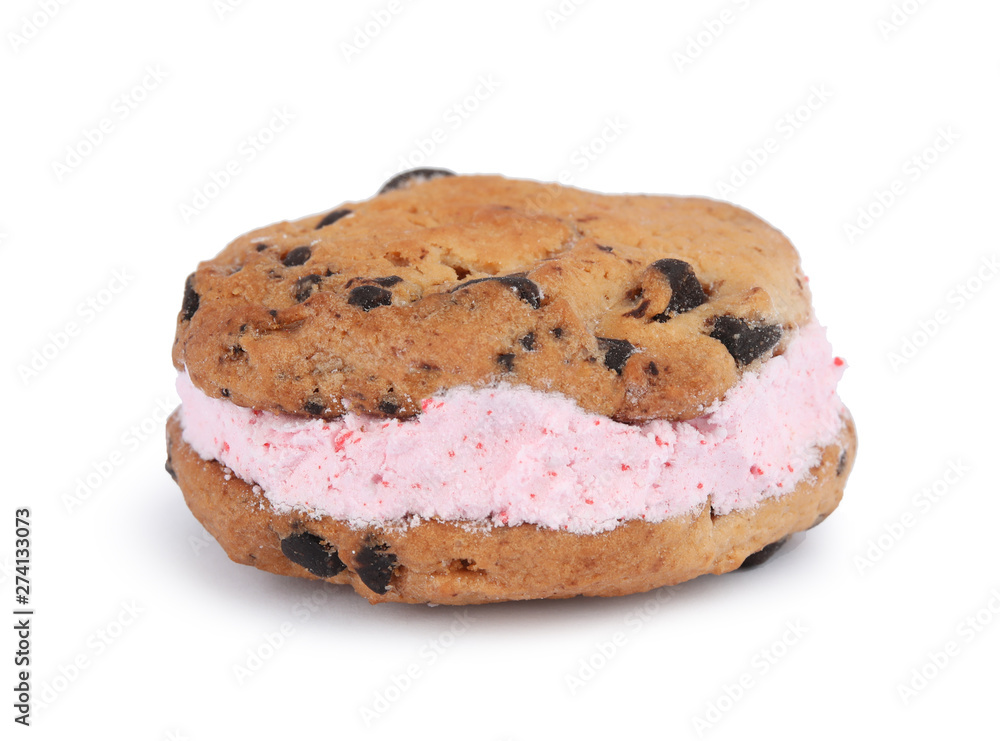 Sweet delicious ice cream cookie sandwich on white background Sweet delicious ice cream cookie sandwich on white background