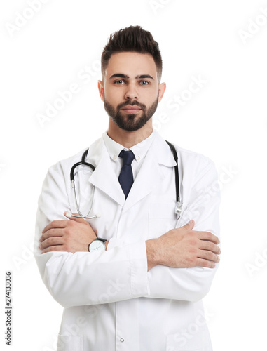 Young male doctor in uniform isolated on white © New Africa
