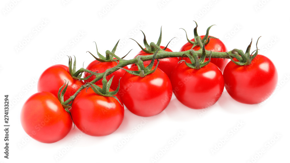 Branch of fresh cherry tomatoes isolated on white Branch of fresh cherry tomatoes isolated on white