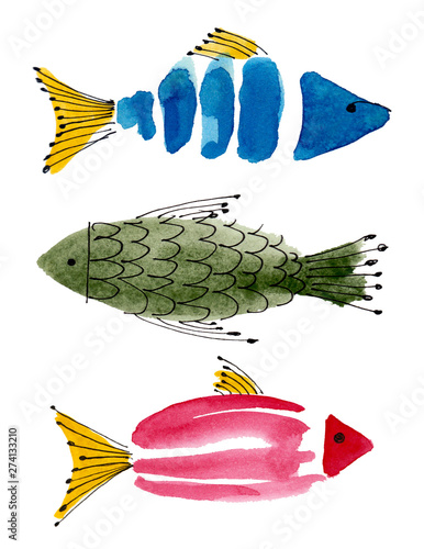 Canvas Print Hand drawn watercolor sea fish
