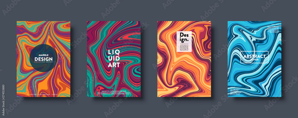 Colorful abstract geometric background. Liquid dynamic lined gradient waves. Fluid marble texture. Modern covers set. Eps10 vector.