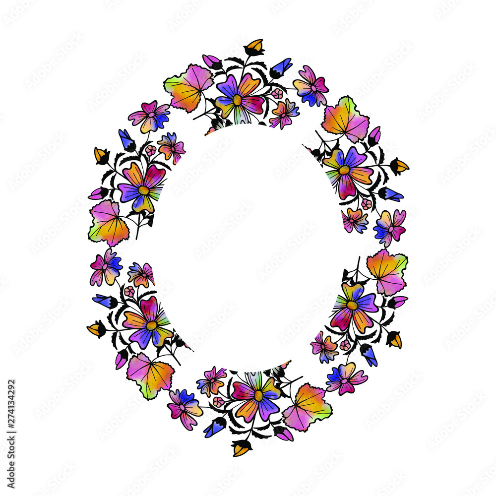 Mallow flowers vector illustration. black white hand drawing. wreath of flowers