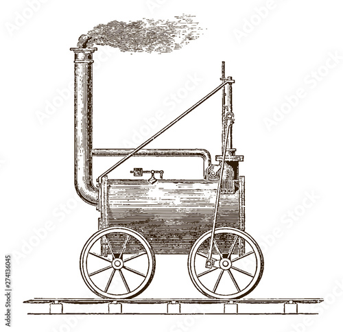 Historic locomotive-engine by Richard Trevithick from 1804. Illustration after an engraving from the 19th century photo