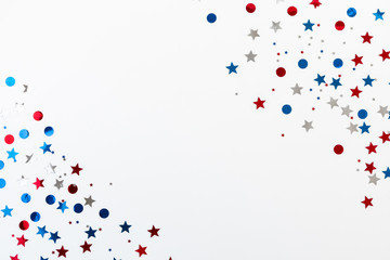 4th of July American Independence Day. Happy Independence Day,  decorations on white background. Flat lay, top view, copy space