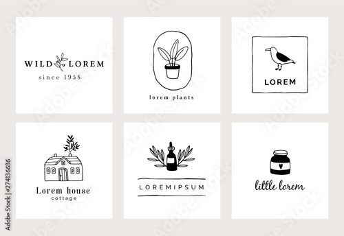 Set of hand drawn minimal logo templates. Food, drink and travel concept. Business branding identity. Isolated symbols. Simple and elegant icons collection. Vector illustrations. Retro design.