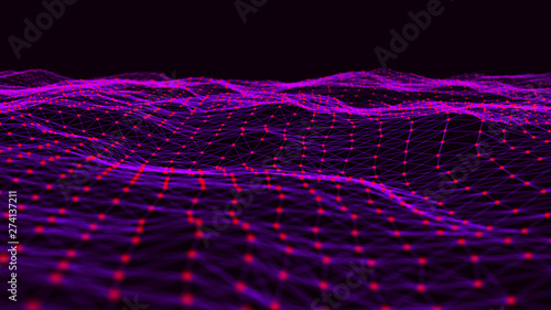 Wave with many connected dots and lines. Abstract futuristic background. 3D rendering.