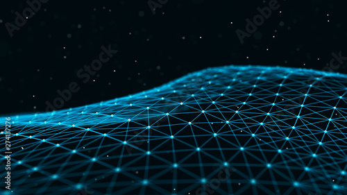 Wave with many connected dots and lines. Abstract futuristic background. 3D rendering.