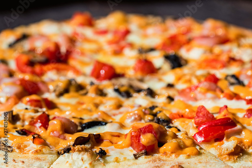 Delicious fresh pizza with shrimps, mushrooms and cheese close up texture