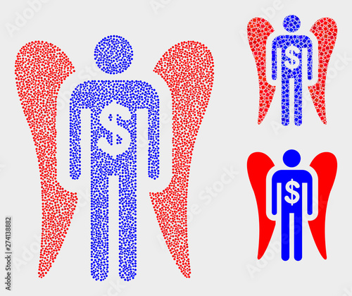 Dotted and mosaic angel investor icons. Vector icon of angel investor organized of irregular circle elements. Other pictogram is designed from rectangle elements.