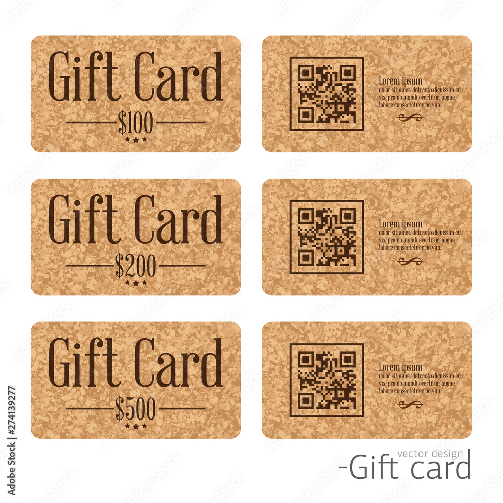 set of stylish gift card templates on cork texture background. Vector design of plastic cards with QR code