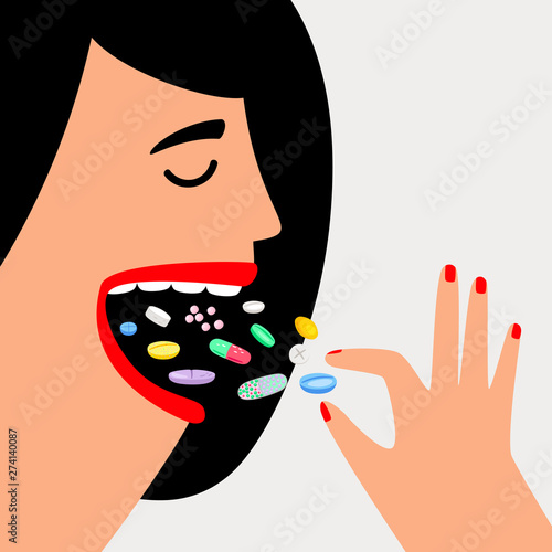 Woman swallow pills. Female head and face with medicines drugs, people overdose, girl taking pill tablets addiction vector illustration