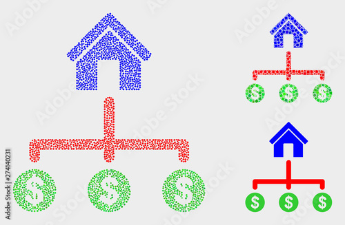 Dotted and mosaic bank dollar links icons. Vector icon of bank dollar links designed of scattered spheric pixels. Other pictogram is designed from square particles.