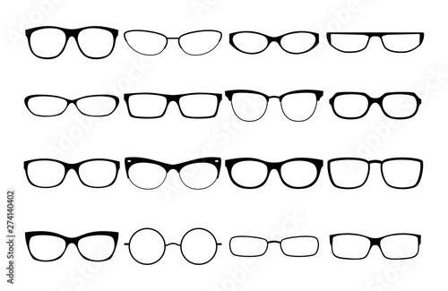 Vector glasses frames. Black rim glasses vector collection, eyeglasses frame fashion model set, sunglass spectacles silhouettes for man and woman