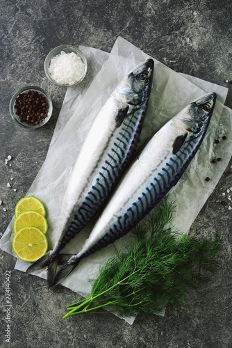 Fresh tasty raw mackerel with dill, lime, sea salt and black pepper. Top view. Copy space. 