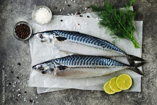 Fresh tasty raw mackerel with dill, lime, sea salt and black pepper. Top view. Copy space. 
