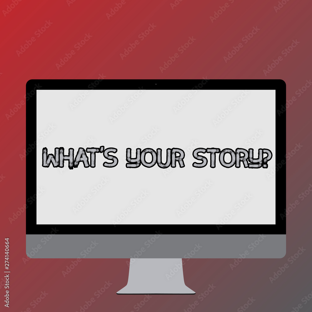 Text sign showing What S Your Story Question. Business photo text asking demonstrating about his past life actions events Blank White Computer Monitor WideScreen Mounted on a Stand for Technology Text sign showing What S Your Story Question. Business photo text asking demonstrating about his past life actions events Blank White Computer Monitor WideScreen Mounted on a Stand for Technology