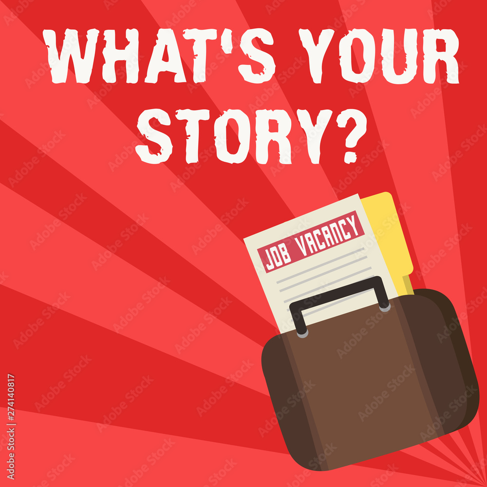 Naklejka premium Word writing text What S Is Your Story question. Business photo showcasing being asked by someone about my own journey from beginning till now Announcement File Folder for Employment Opportunity