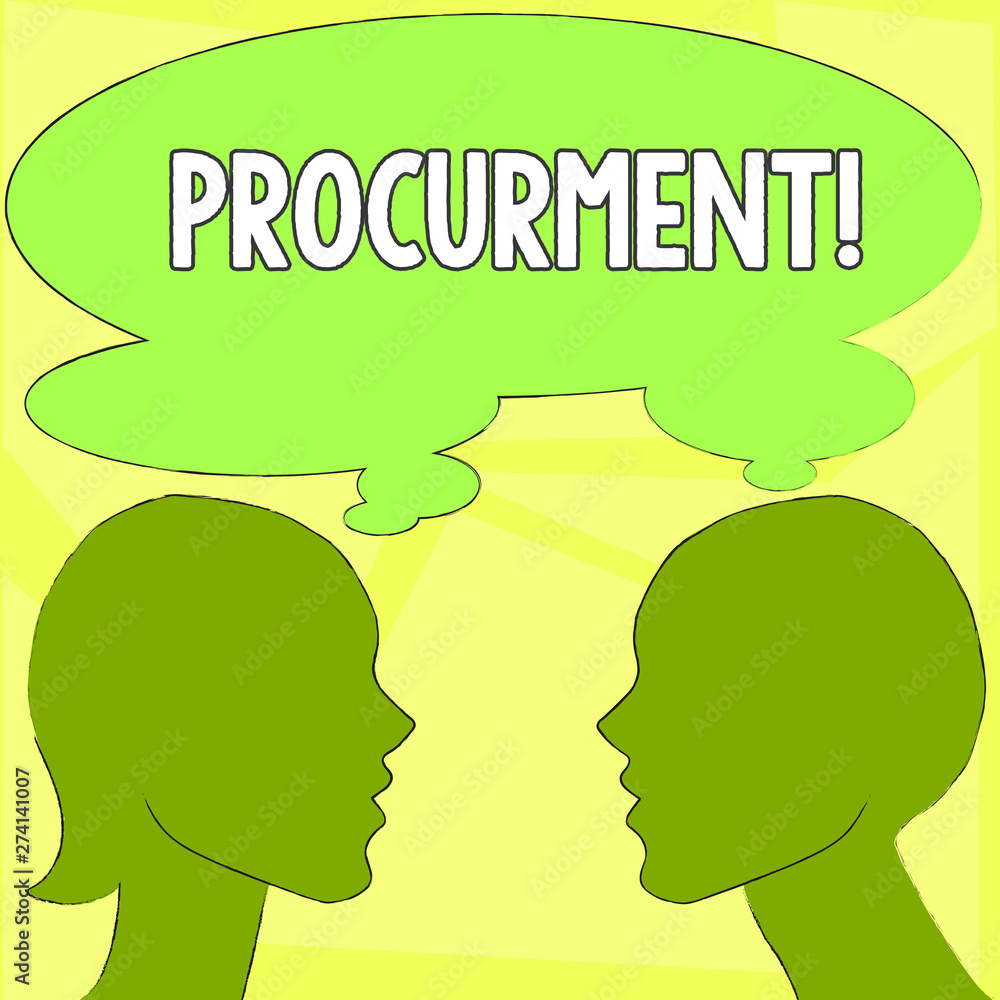 Handwriting text writing Procurment. Conceptual photo action of acquiring military equipment and supplies Silhouette Sideview Profile Image of Man and Woman with Shared Thought Bubble
