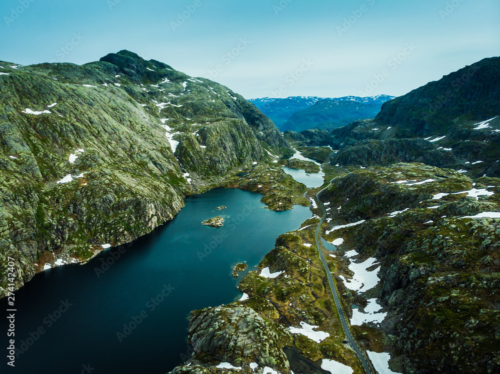 Aerial view. Road and lakes in mountains Norway