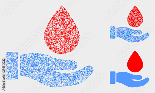 Pixelated and mosaic blood donation hand icons. Vector icon of blood donation hand combined of irregular circle pixels. Other pictogram is combined from square pixels.