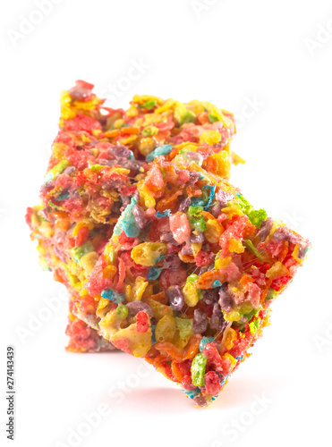 Fruity Cereal Marshmallow Treat Bars on a White Background photo