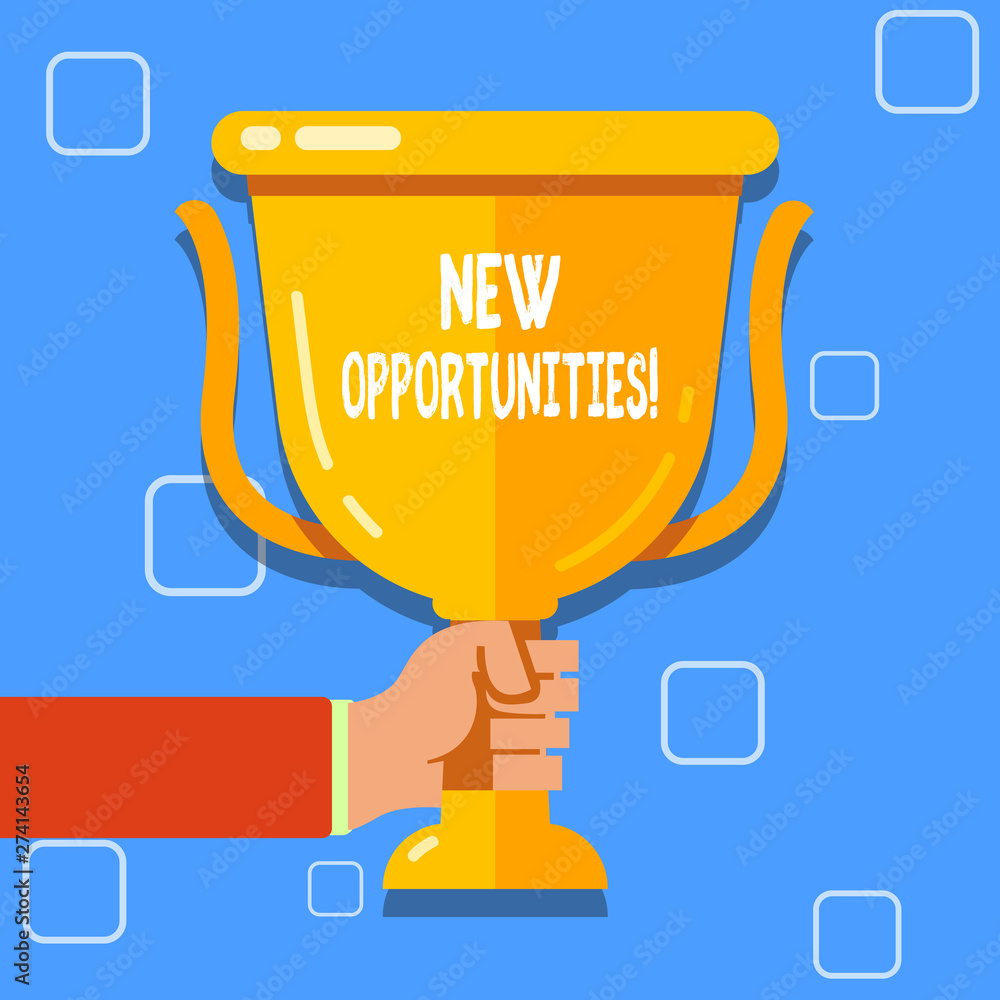 Writing note showing New Opportunities. Business concept for exchange views condition favorable for attainment goal Hand Holding Championship Winners Cup Trophy with Reflection Writing note showing New Opportunities. Business concept for exchange views condition favorable for attainment goal Hand Holding Championship Winners Cup Trophy with Reflection