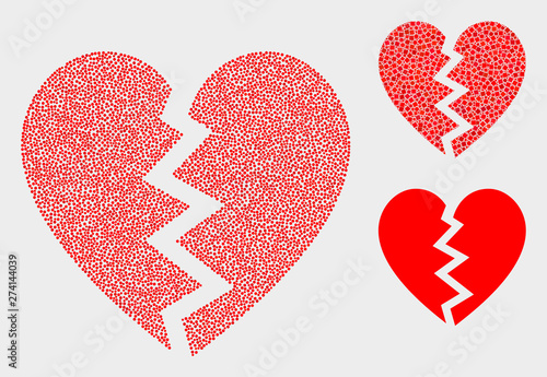 Dotted and mosaic broken heart icons. Vector icon of broken heart organized of randomized circle pixels. Other pictogram is combined from small squares.