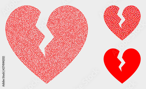 Dot and mosaic broken heart icons. Vector icon of broken heart constructed of scattered circle elements. Other pictogram is constructed from square pixels.