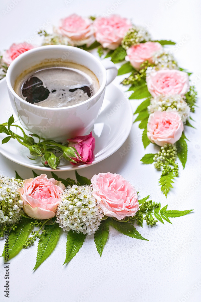 Vertical web banner Valentine's day flower arrangement. Rose, hawthorn flowers, rowan leaves and cup coffee on a white background. Floral pattern. Vertical web banner Valentine's day flower arrangement. Rose, hawthorn flowers, rowan leaves and cup coffee on a white background. Floral pattern.
