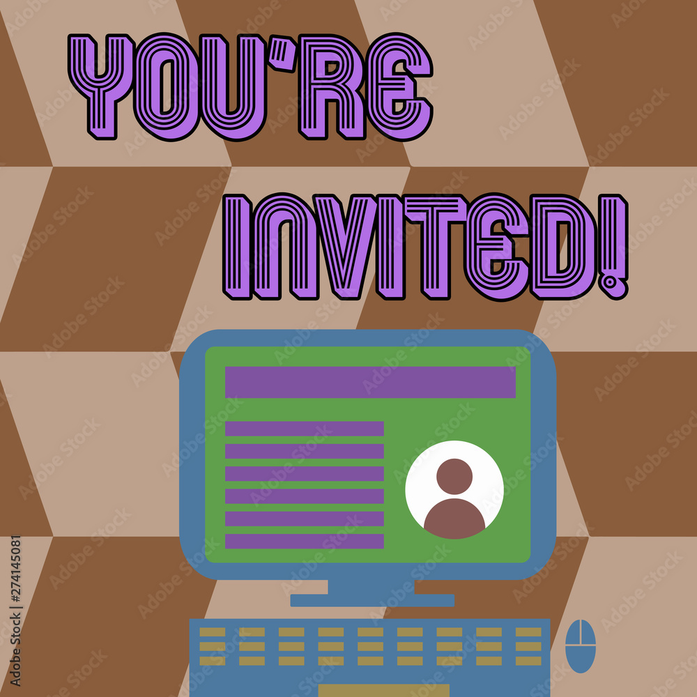 Writing note showing You Re Invited. Business concept for make a polite friendly request to someone go somewhere Computer Mounted on Stand with Online Profile Data on Screen Writing note showing You Re Invited. Business concept for make a polite friendly request to someone go somewhere Computer Mounted on Stand with Online Profile Data on Screen
