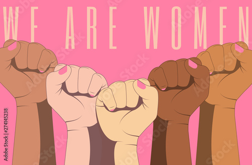 Pink vector poster with female hands with clenched fists.
