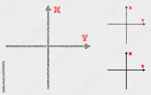 Dotted and mosaic Cartesian axes icons. Vector icon of Cartesian axes formed of irregular round dots. Other pictogram is formed from small rectangles.