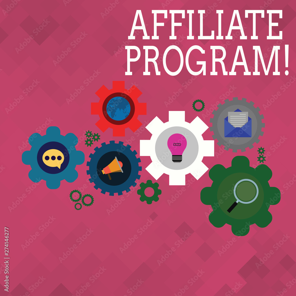 Text sign showing Affiliate Program. Business photo text automated electronic program that involve a web advertiser Set of Global Online Social Networking Icons Inside Colorful Cog Wheel Gear Text sign showing Affiliate Program. Business photo text automated electronic program that involve a web advertiser Set of Global Online Social Networking Icons Inside Colorful Cog Wheel Gear