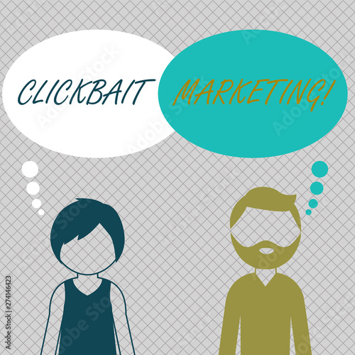 Conceptual hand writing showing Clickbait Marketing. Concept meaning Online content that aim to generate page views Bearded Man and Woman with the Blank Colorful Thought Bubble