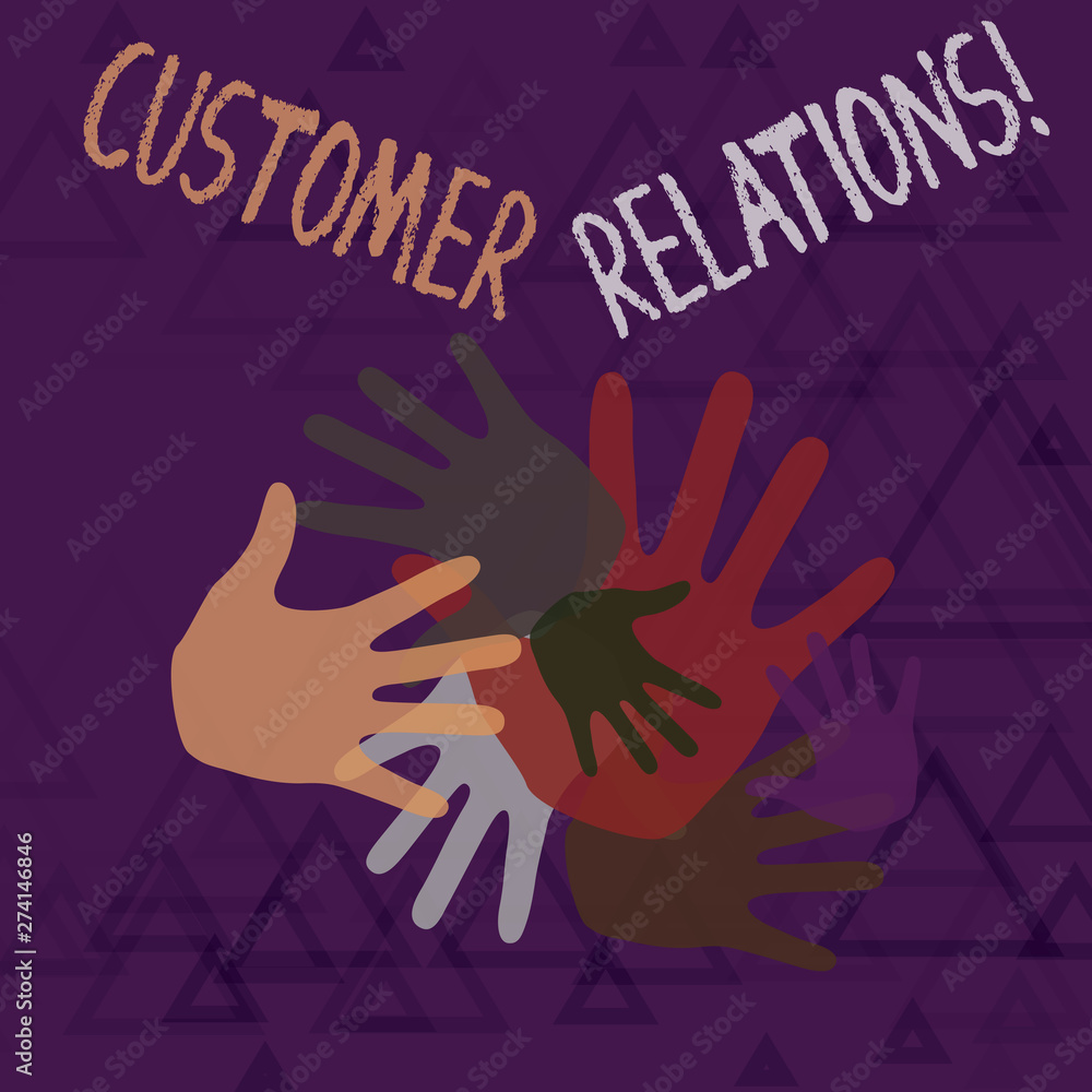 Text sign showing Customer Relations. Business photo text approach to analysisage a company s is interaction with customer Color Hand Marks of Different Sizes Overlapping for Teamwork and Creativity Text sign showing Customer Relations. Business photo text approach to analysisage a company s is interaction with customer Color Hand Marks of Different Sizes Overlapping for Teamwork and Creativity
