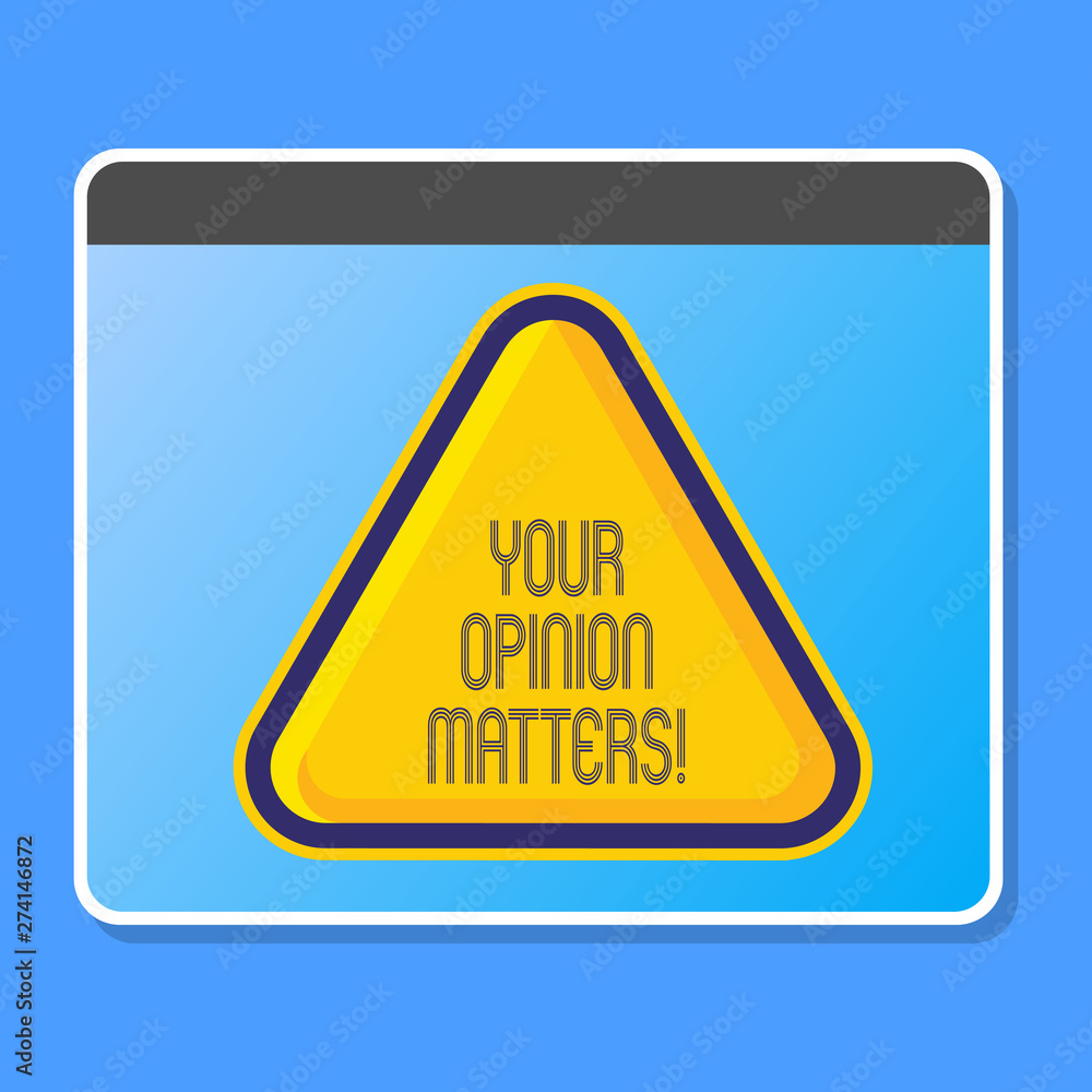 Word writing text Your Opinion Matters. Business photo showcasing show you do not agree with something that just been said Blank Yellow Embossed Triangle with Border as Web Button In Tablet Screen Word writing text Your Opinion Matters. Business photo showcasing show you do not agree with something that just been said Blank Yellow Embossed Triangle with Border as Web Button In Tablet Screen