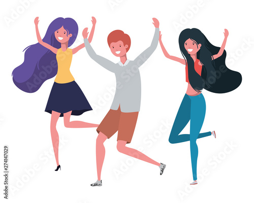 group of people dancing in white background