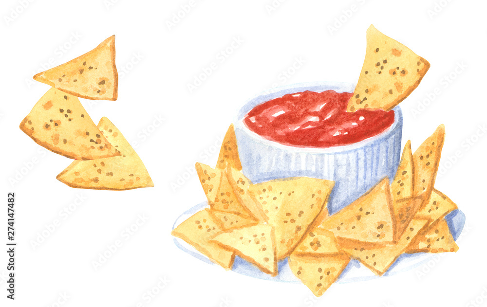 Φωτογραφία Fastfood clipart set, nachos and ketchup sause, hand drawn watercolor illustrati