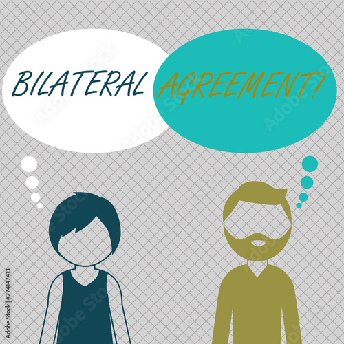 Conceptual hand writing showing Bilateral Agreement. Concept meaning Legal obligations to nonbinding agreements of principle Bearded Man and Woman with the Blank Colorful Thought Bubble photo