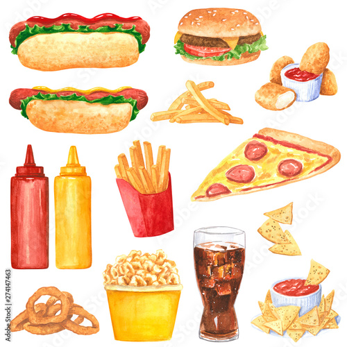 Fastfood clipart set  hot dog  mustard  ketchup  hamburger  pizza  nachos  onion rings  french fies  popcorn  cola  chicken nuggets  hand drawn watercolor illustration isolated on white