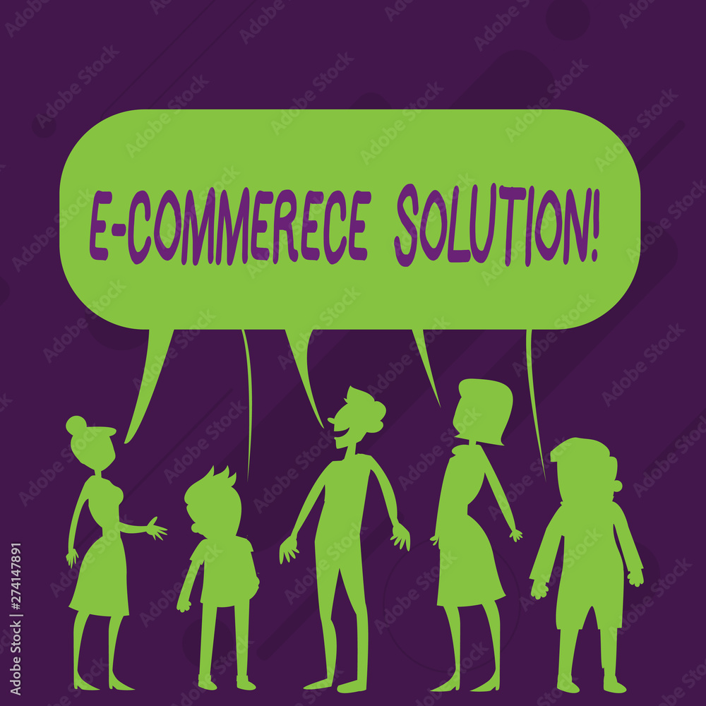 Word writing text E Commerce Solution. Business photo showcasing Software used by business in selling products online Silhouette Figure of People Talking and Sharing One Colorful Speech Bubble Word writing text E Commerce Solution. Business photo showcasing Software used by business in selling products online Silhouette Figure of People Talking and Sharing One Colorful Speech Bubble