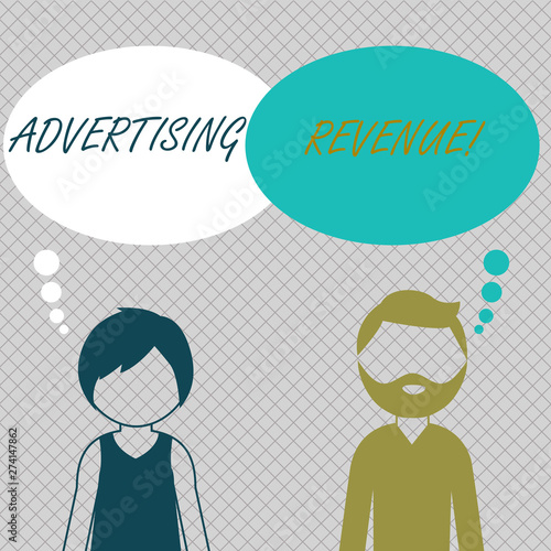 Conceptual hand writing showing Advertising Revenue. Concept meaning money media earn from selling advertising space or time Bearded Man and Woman with the Blank Colorful Thought Bubble