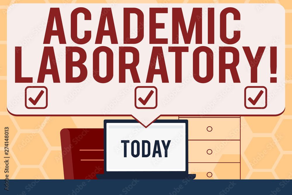Fototapeta premium Text sign showing Academic Laboratory. Business photo text where students can go to receive academic support Blank Huge Speech Bubble Pointing to White Laptop Screen in Workspace Idea