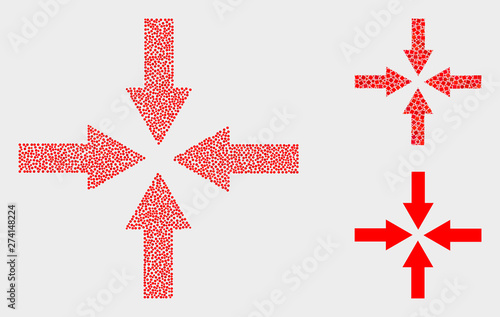 Dot and mosaic collapse arrows icons. Vector icon of collapse arrows organized of scattered round dots. Other pictogram is designed from elements.